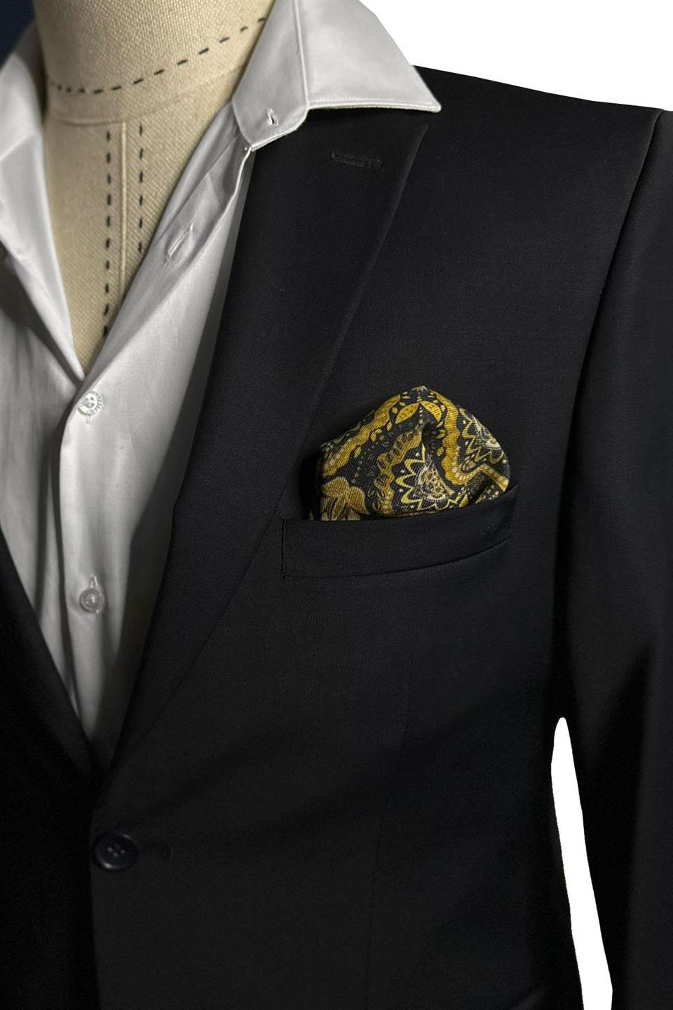 Lacivert - Sarı El Dikişi İtalyan Yün Cep Mendili WL06