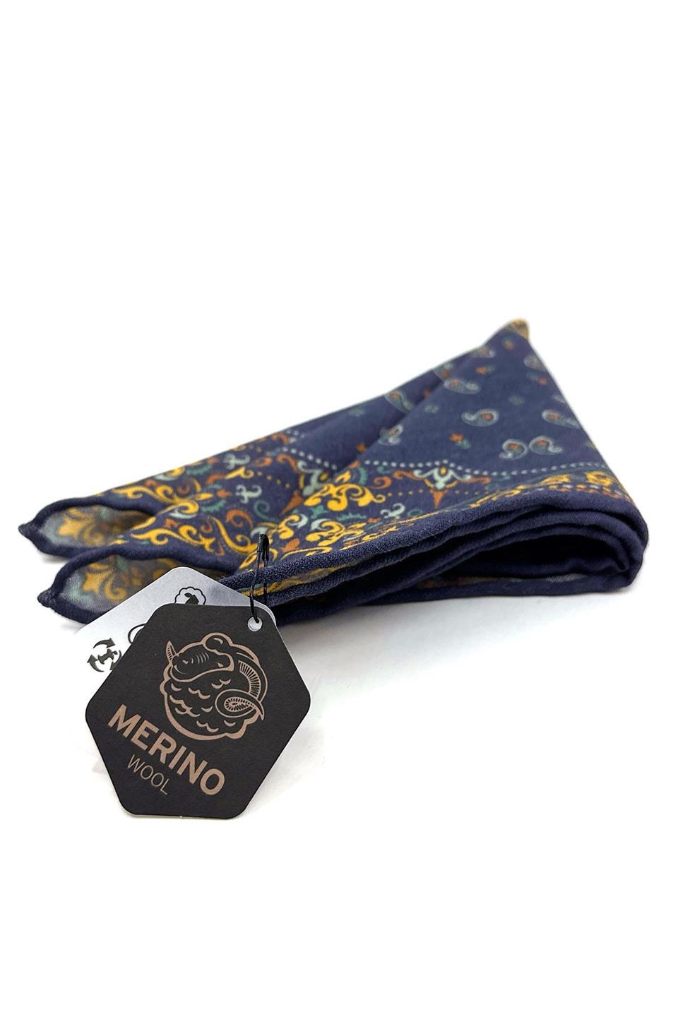 Lacivert - Sarı El Dikişi İtalyan Yün Cep Mendili WL03