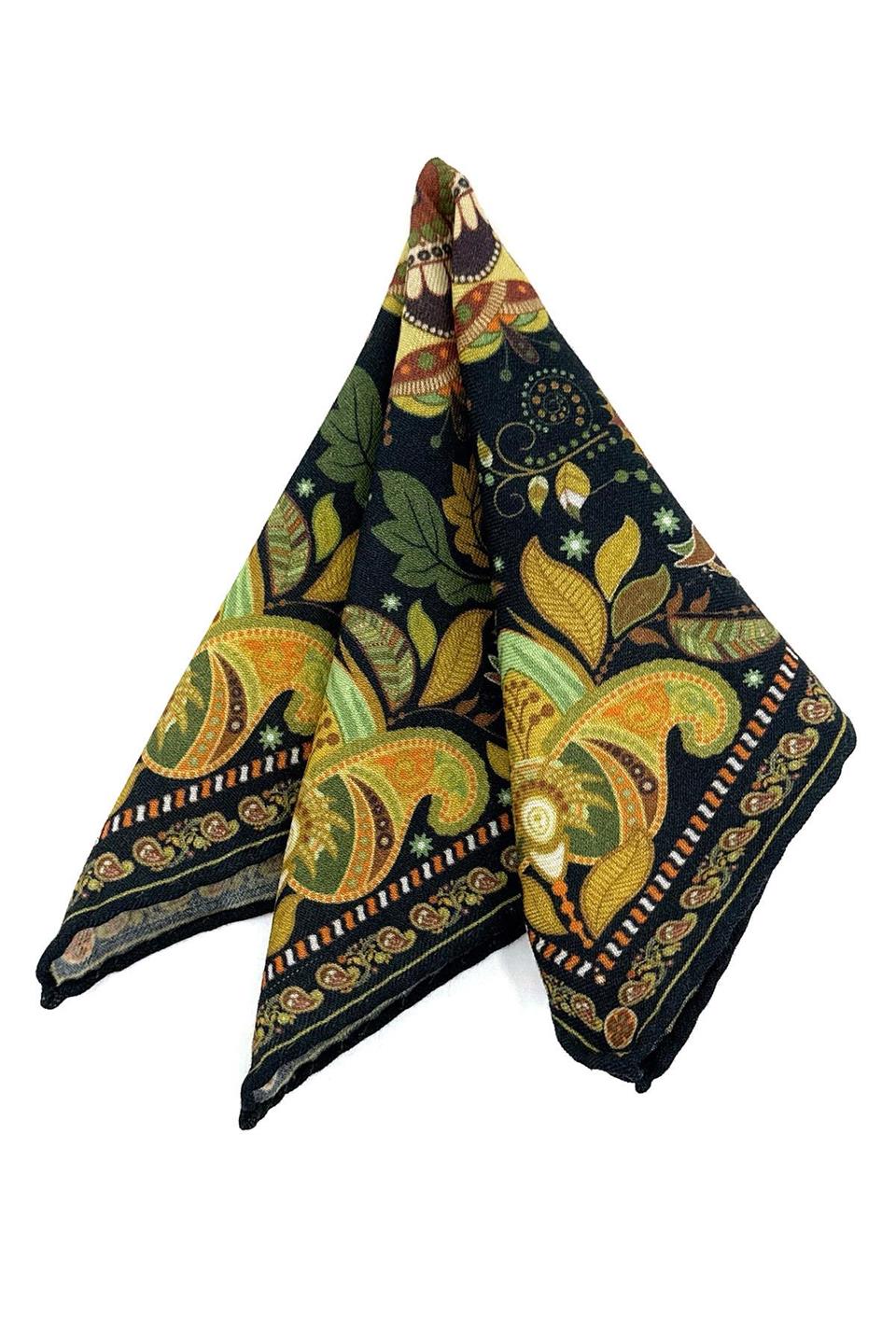 Lacivert - Sarı El Dikişi İtalyan Yün Cep Mendili WL12