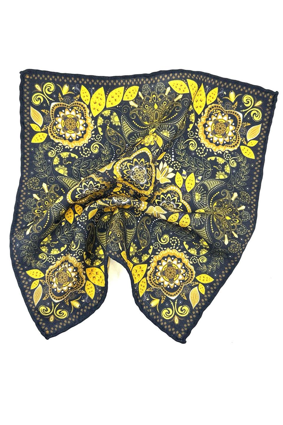 Lacivert - Sarı El Dikişi İtalyan Yün Cep Mendili WL06