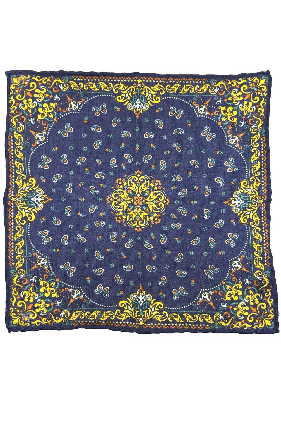 Lacivert - Sarı El Dikişi İtalyan Yün Cep Mendili WL03