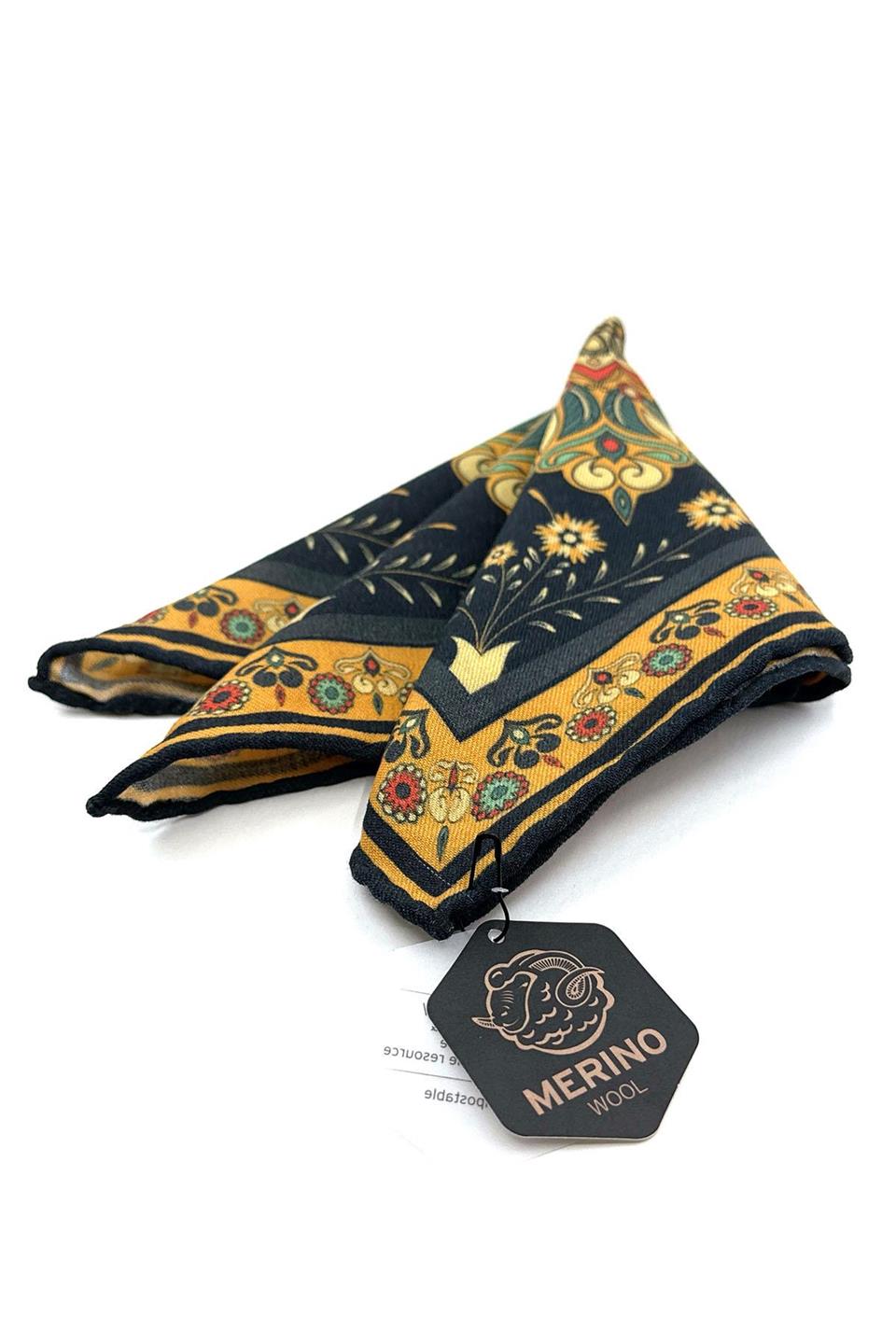 Lacivert - Sarı El Dikişi İtalyan Yün Cep Mendili WL10