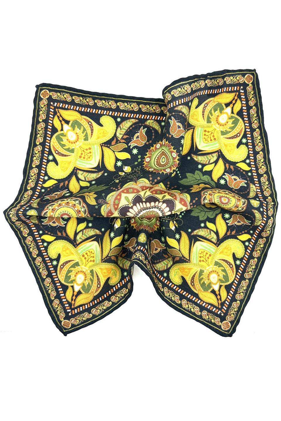 Lacivert - Sarı El Dikişi İtalyan Yün Cep Mendili WL12