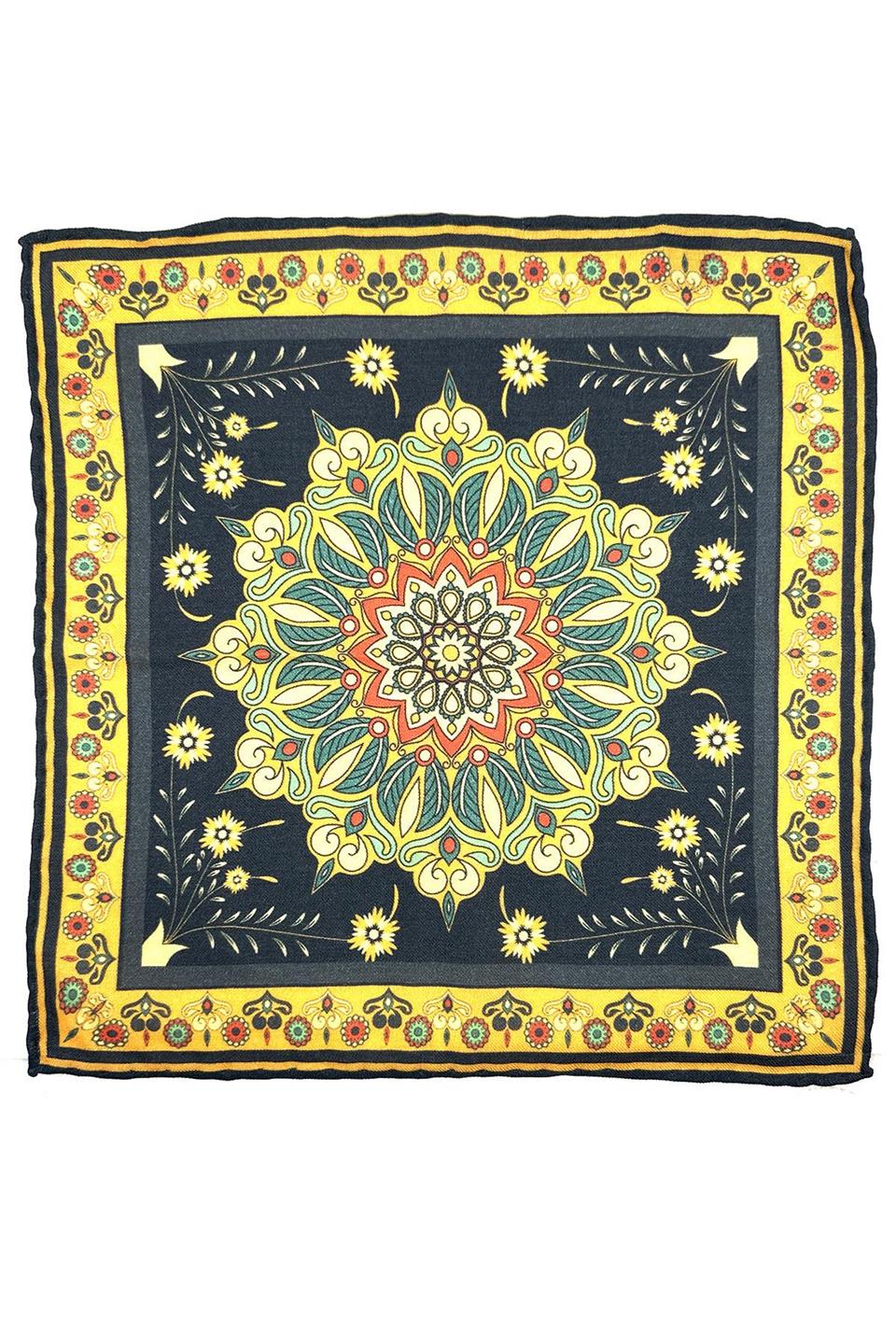 Lacivert - Sarı El Dikişi İtalyan Yün Cep Mendili WL10