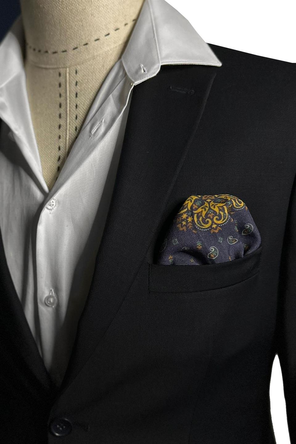 Lacivert - Sarı El Dikişi İtalyan Yün Cep Mendili WL03