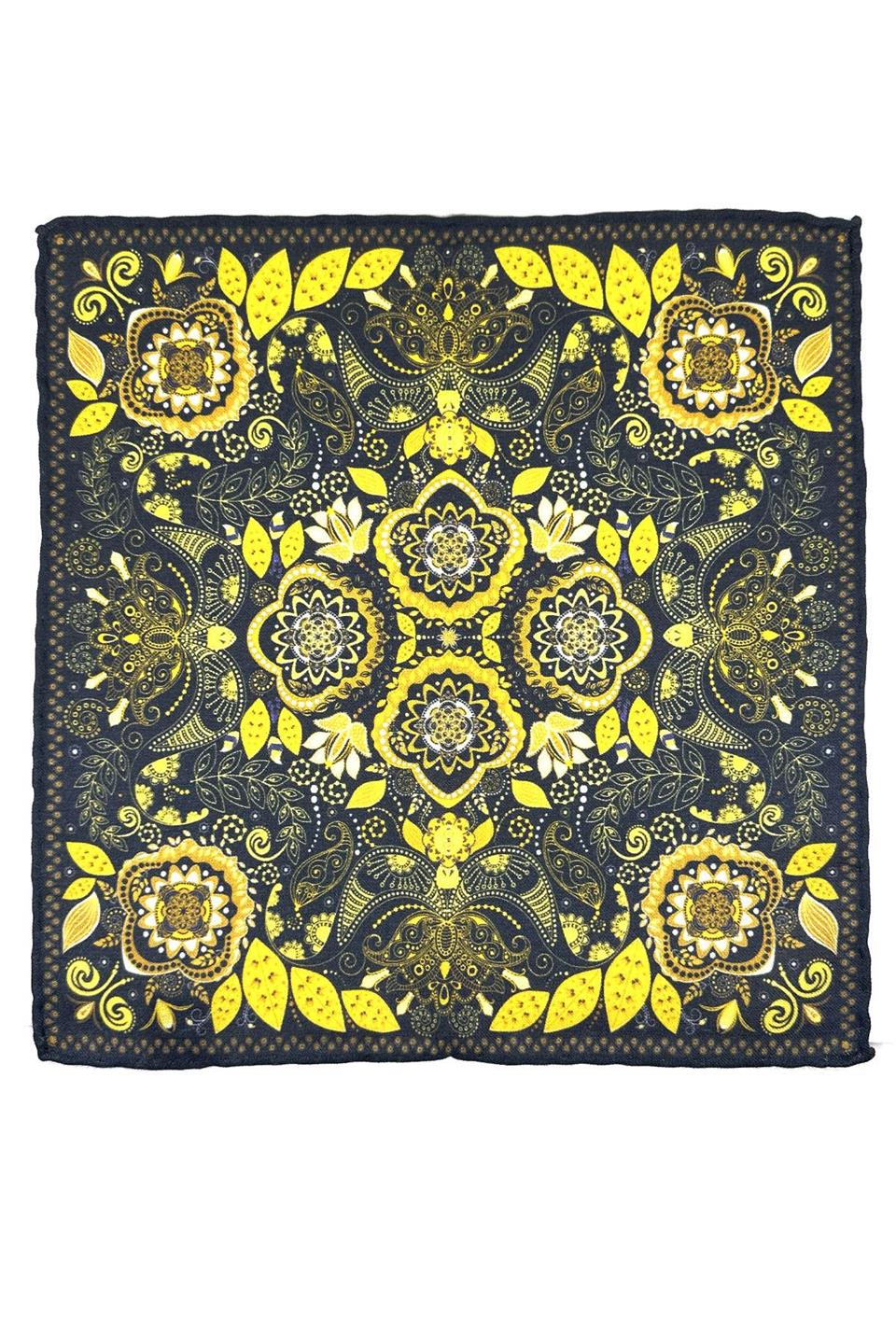 Lacivert - Sarı El Dikişi İtalyan Yün Cep Mendili WL06