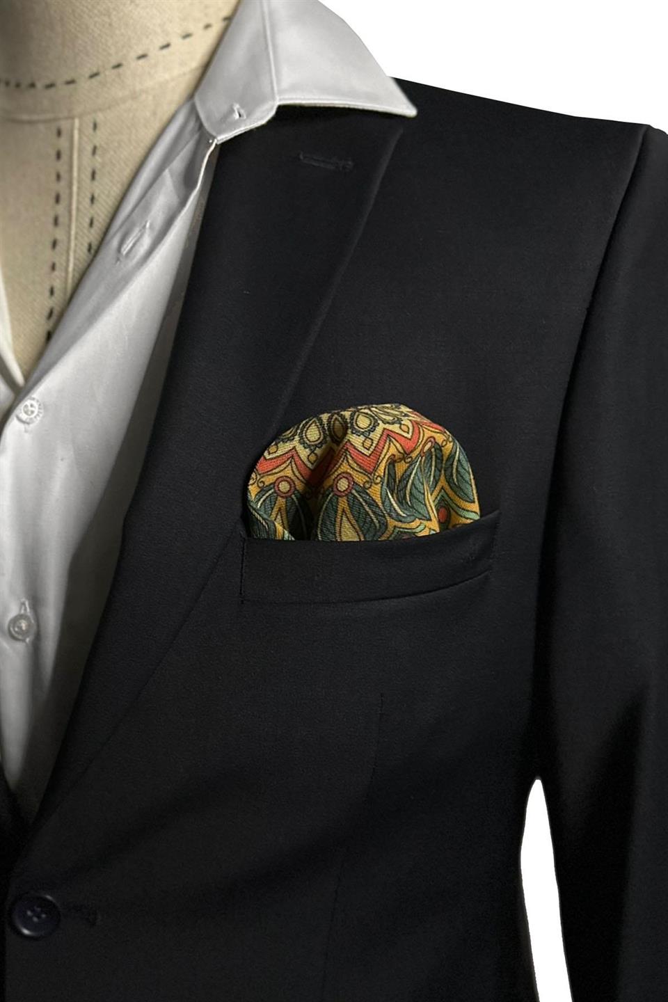 Lacivert - Sarı El Dikişi İtalyan Yün Cep Mendili WL10