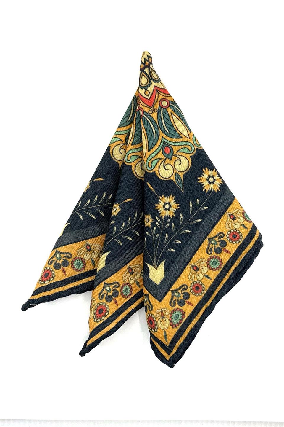 Lacivert - Sarı El Dikişi İtalyan Yün Cep Mendili WL10