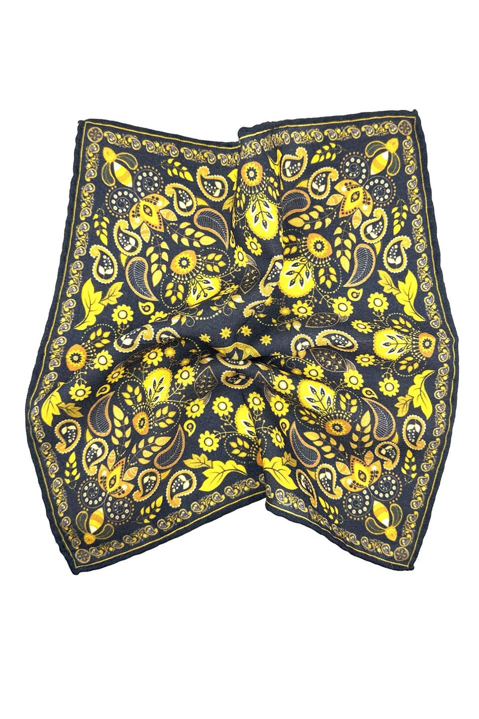 Lacivert - Sarı El Dikişi İtalyan Yün Cep Mendili WL14