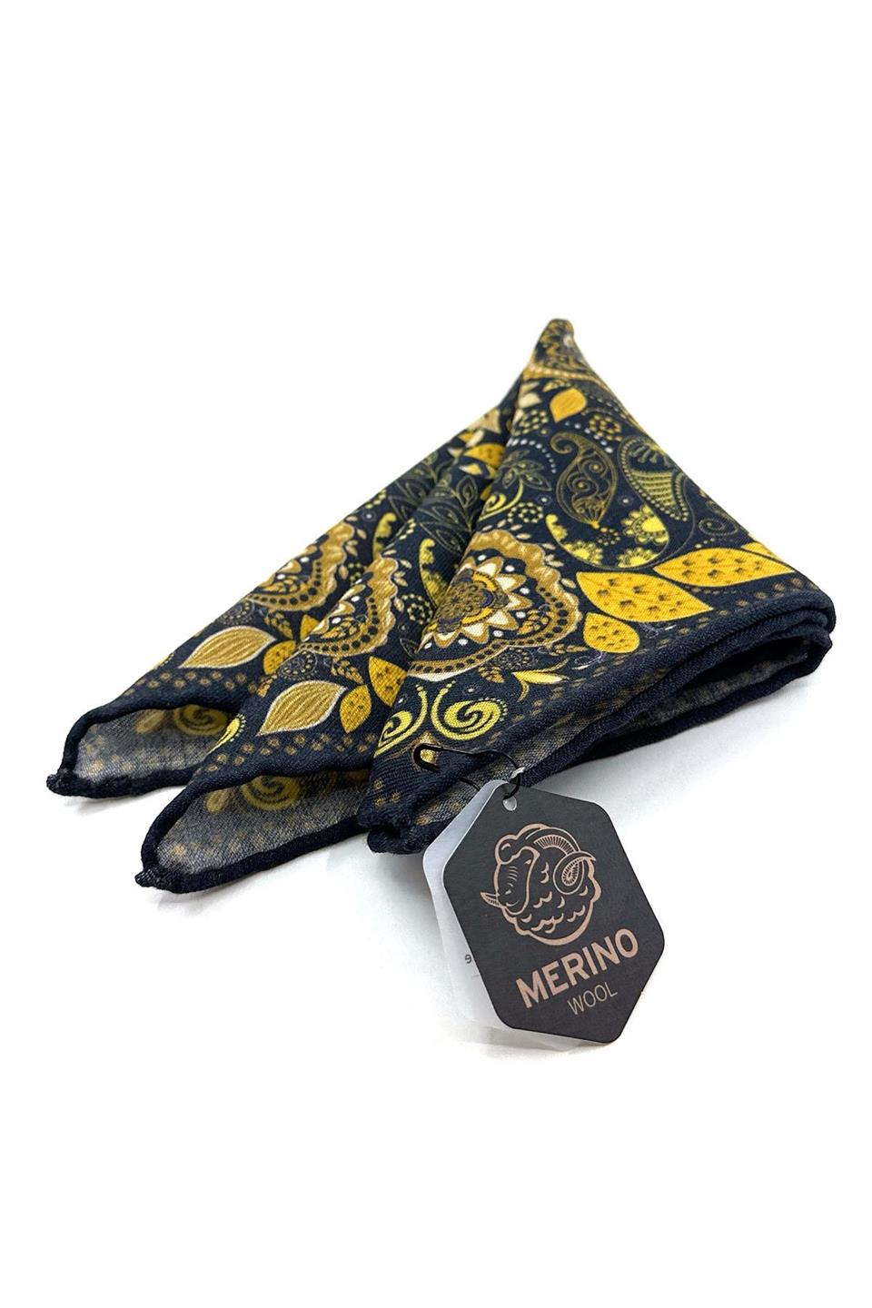 Lacivert - Sarı El Dikişi İtalyan Yün Cep Mendili WL06