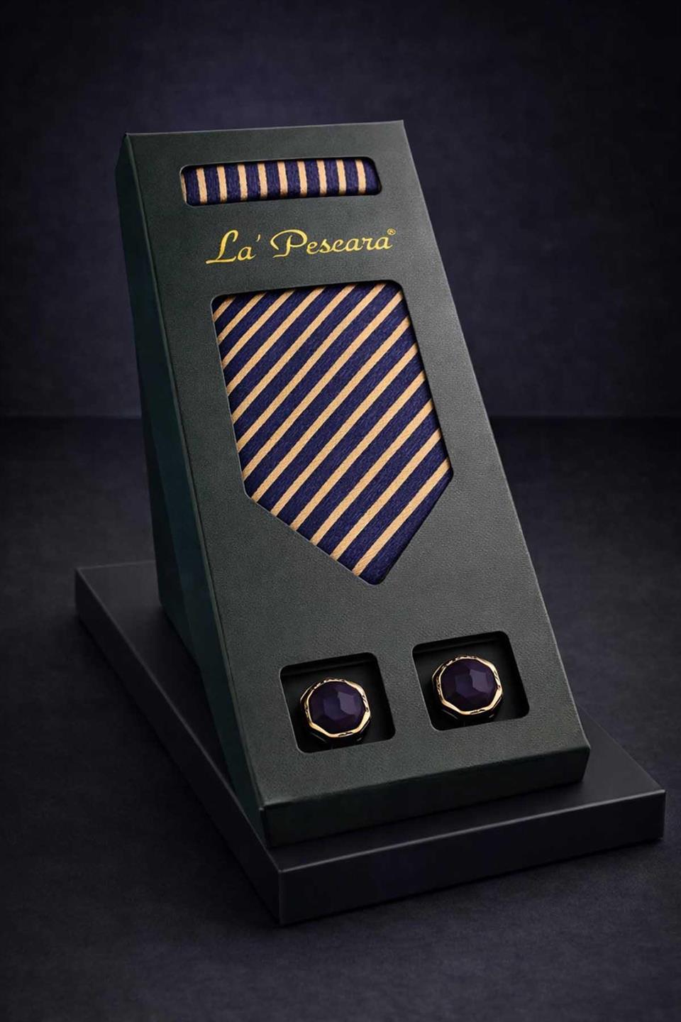 Lacivert - Sarı Mendilli Klasik Kravat Kol Düğmesi Erkek Hediye Seti OS625