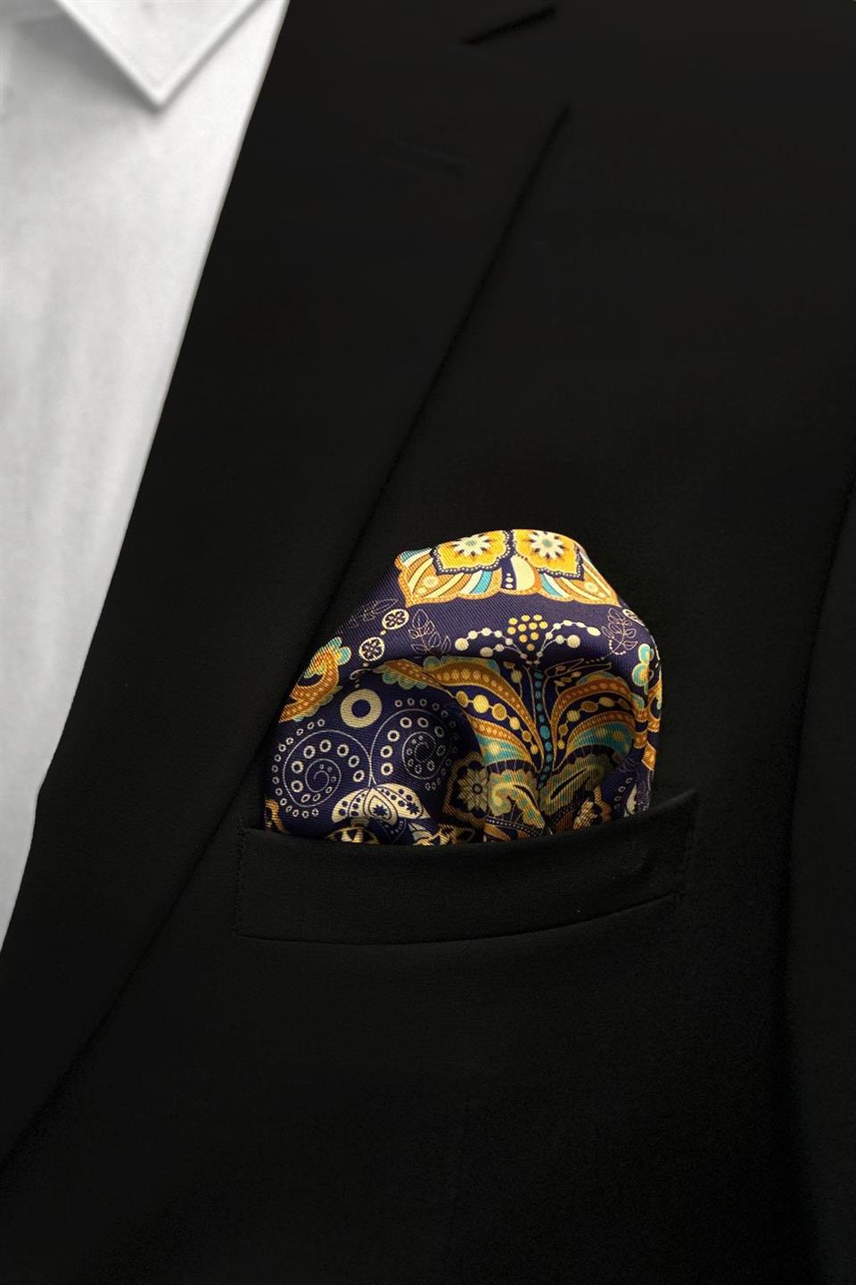 Lacivert - Sarı Motif Desen Erkek Cep Mendili SPS563-22