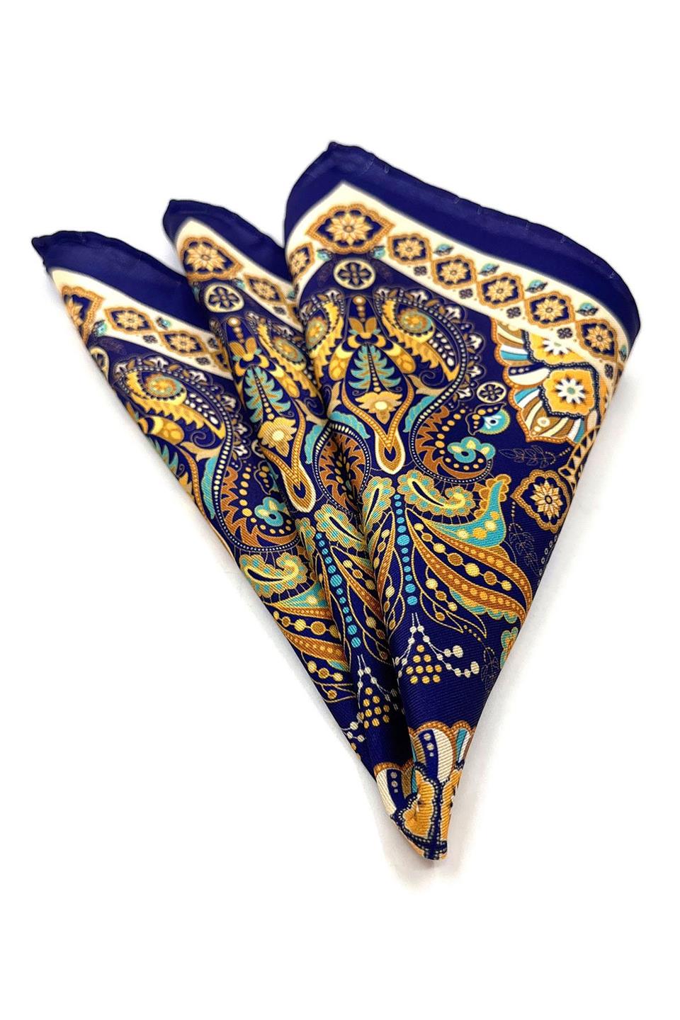 Lacivert - Sarı Motif Desen Erkek Cep Mendili SPS563-22