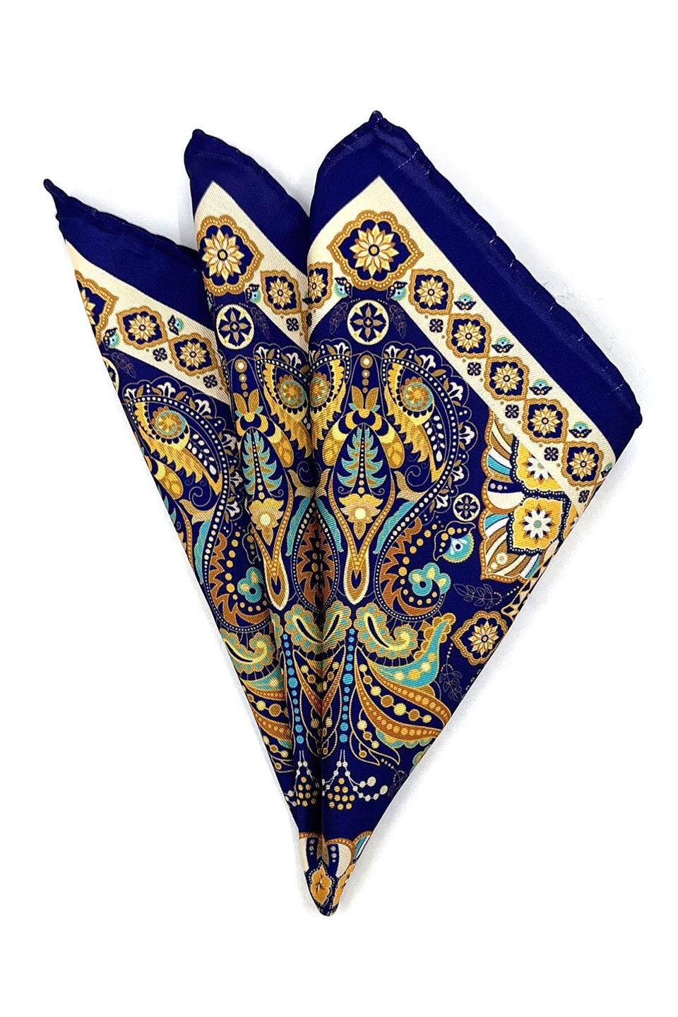 Lacivert - Sarı Motif Desen Erkek Cep Mendili SPS563-22
