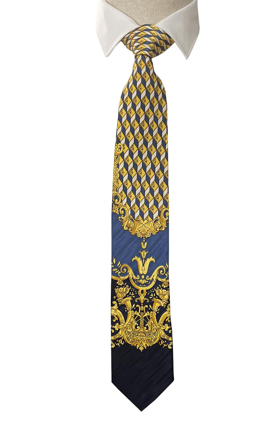Lacivert - Sarı Motif Desen İtalyan İpek Kravat İK1086