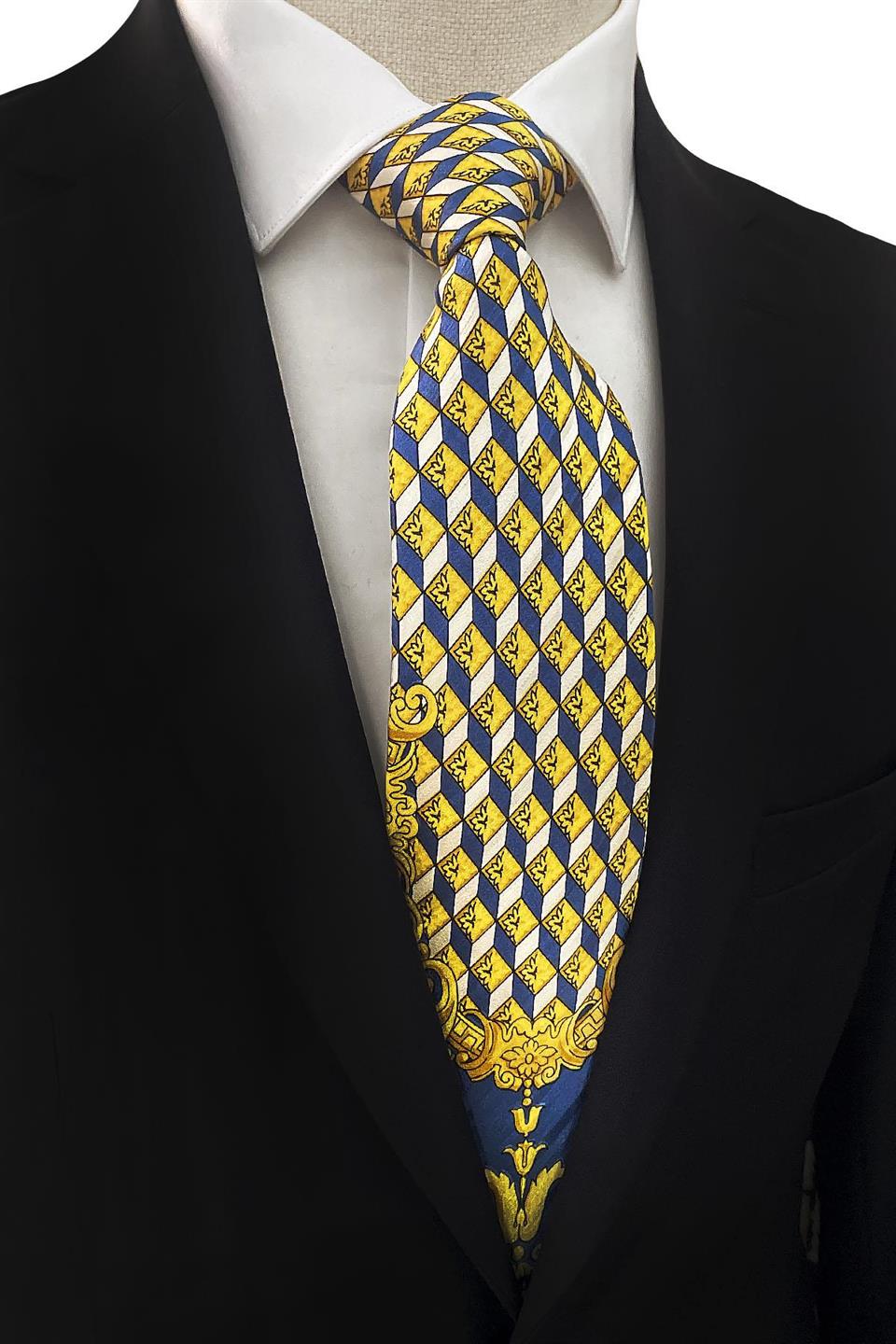 Lacivert - Sarı Motif Desen İtalyan İpek Kravat İK1086