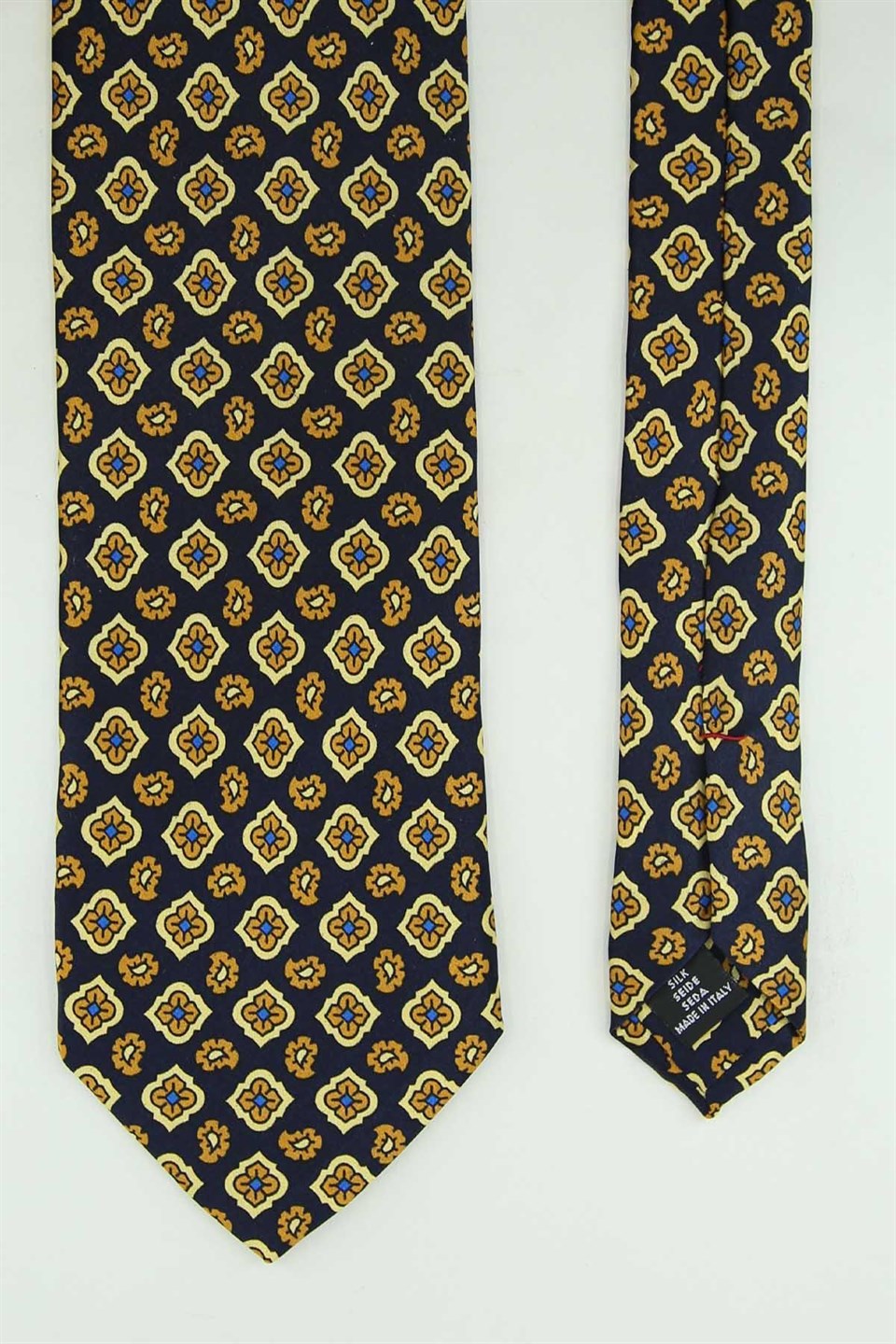 Lacivert Sarı Motif Desen İtalyan İpek Kravat İK2533