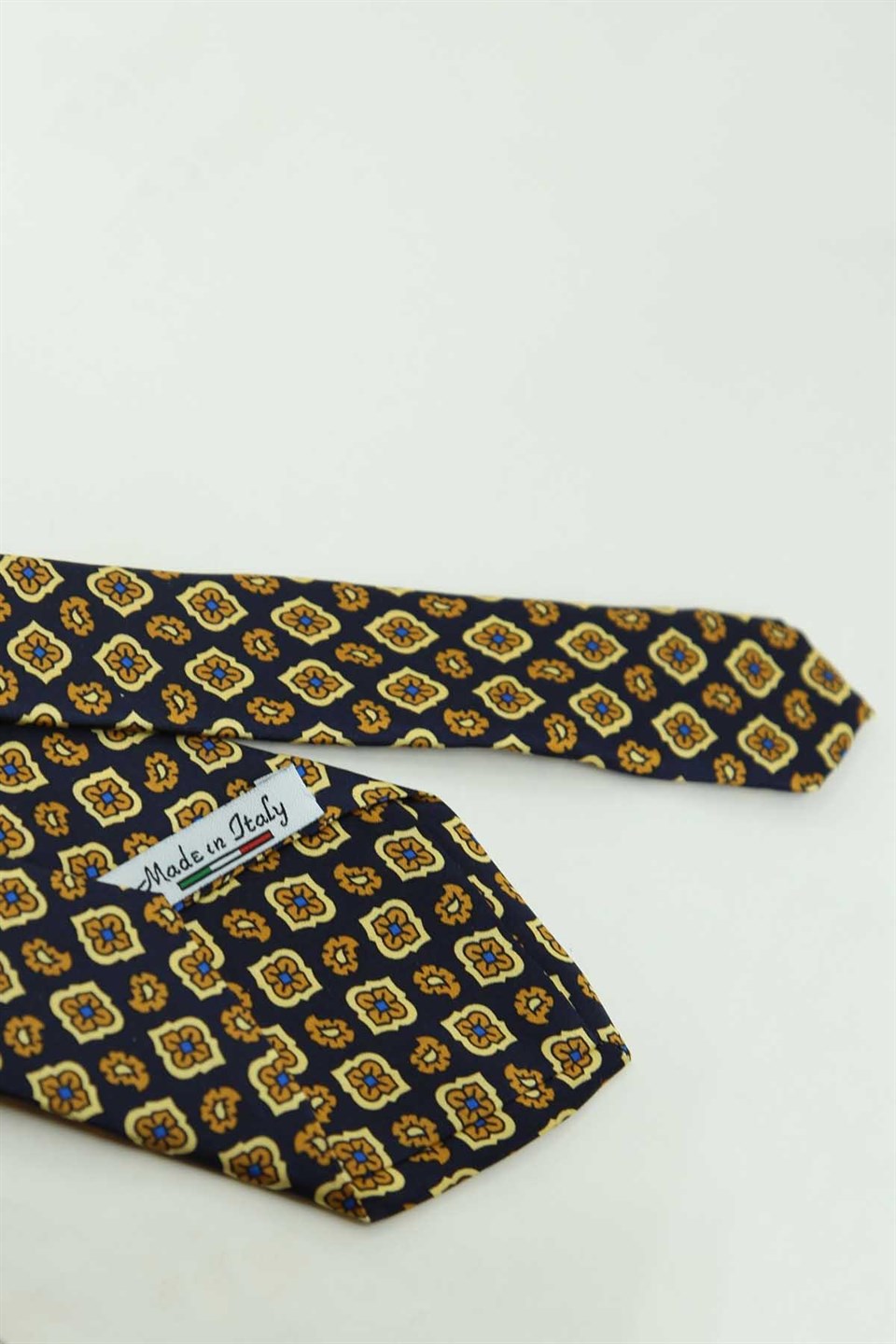 Lacivert Sarı Motif Desen İtalyan İpek Kravat İK2533