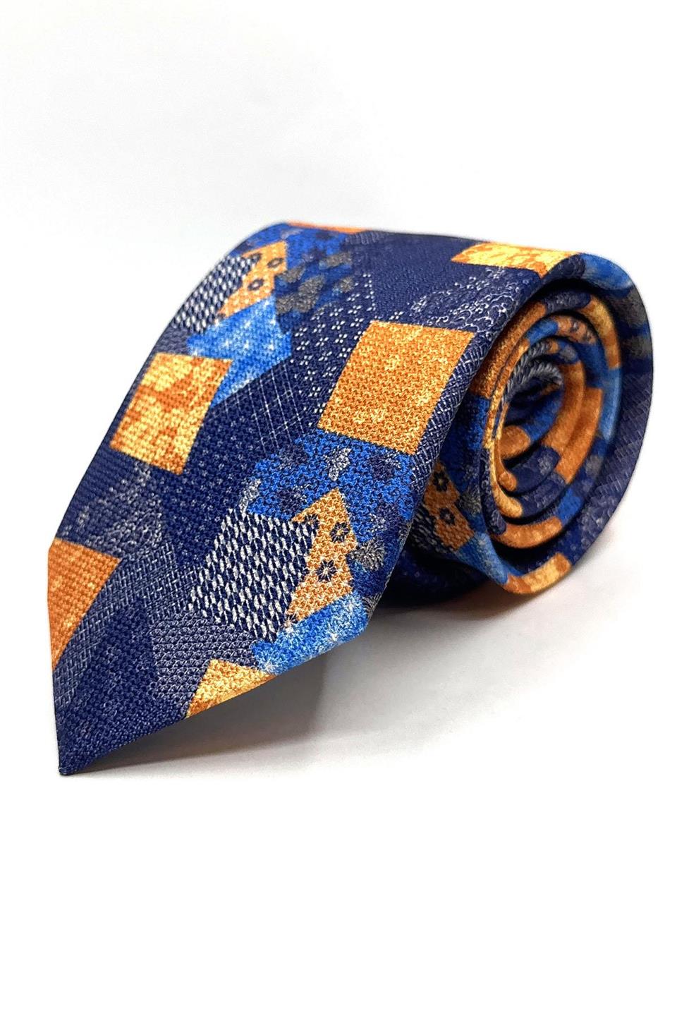 Lacivert - Sarı Motif Desen Mendilli Klasik Kravat KK11792