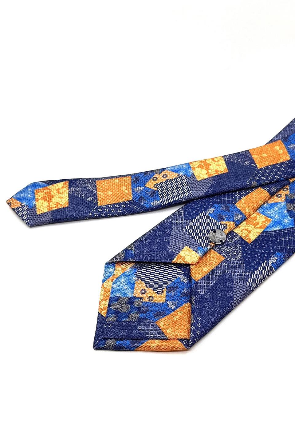 Lacivert - Sarı Motif Desen Mendilli Klasik Kravat KK11792