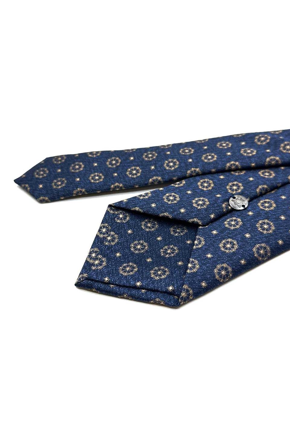 Lacivert - Sarı Motif Desen Mendilli Klasik Kravat KK12905