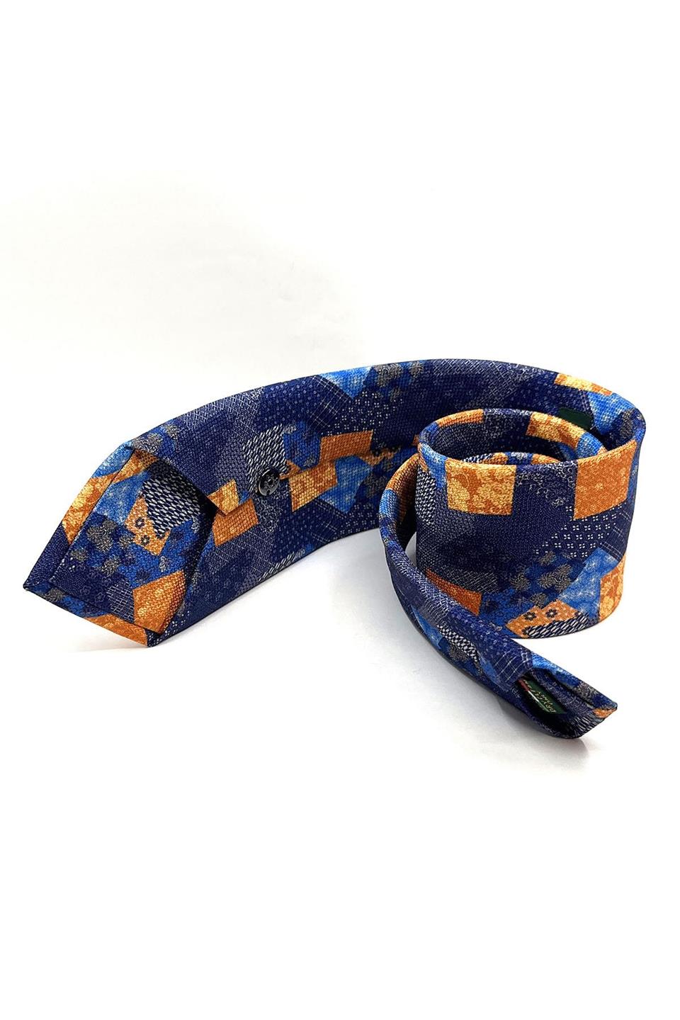 Lacivert - Sarı Motif Desen Mendilli Klasik Kravat KK11792