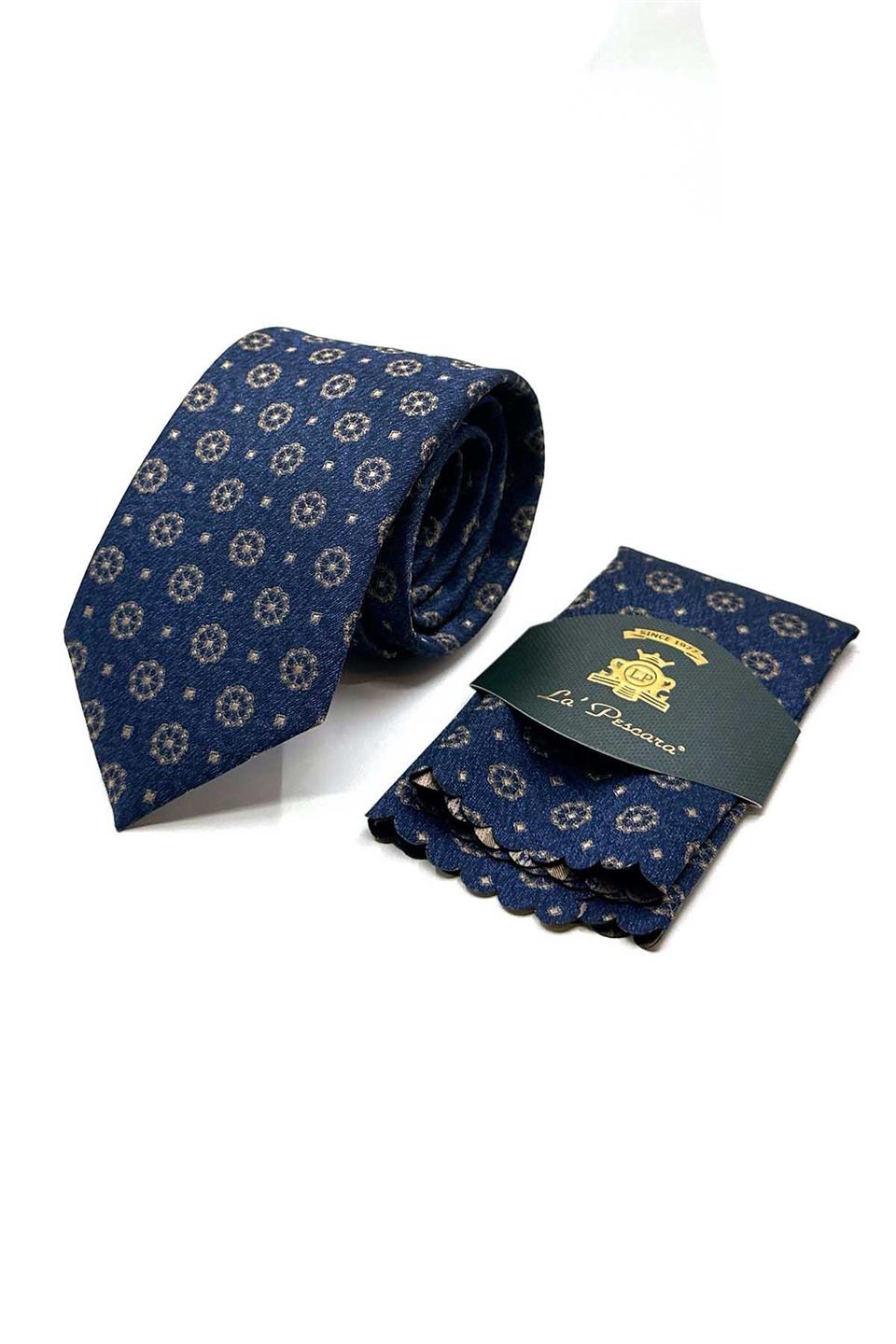 Lacivert - Sarı Motif Desen Mendilli Klasik Kravat KK12905