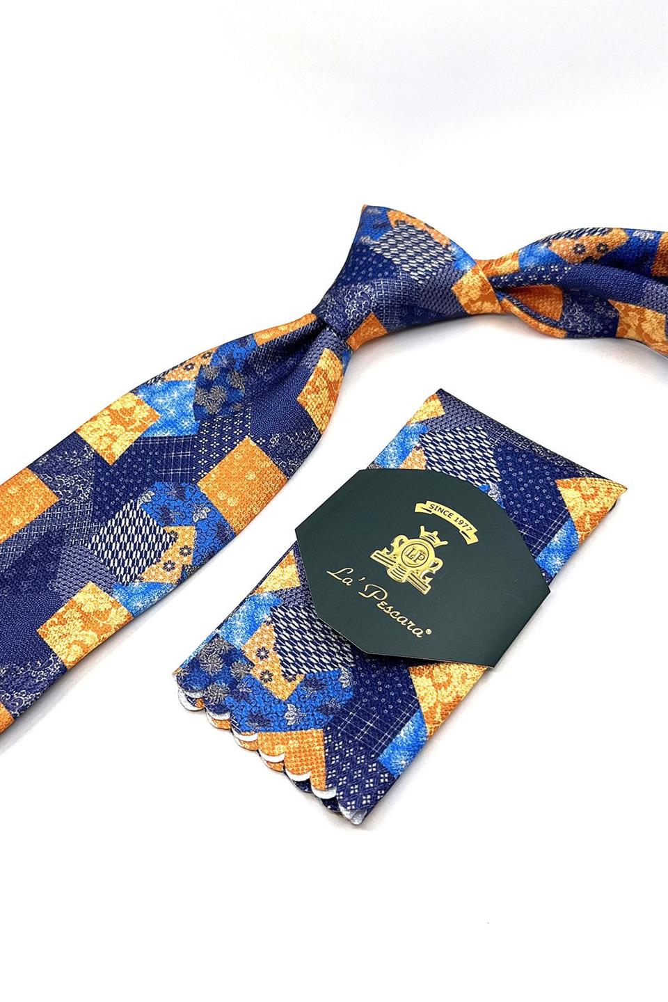 Lacivert - Sarı Motif Desen Mendilli Klasik Kravat KK11792