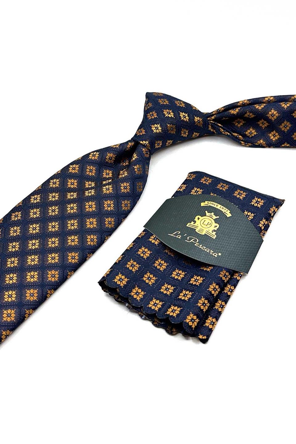 Lacivert - Sarı Motif Desen Mendilli Klasik Kravat KK12854