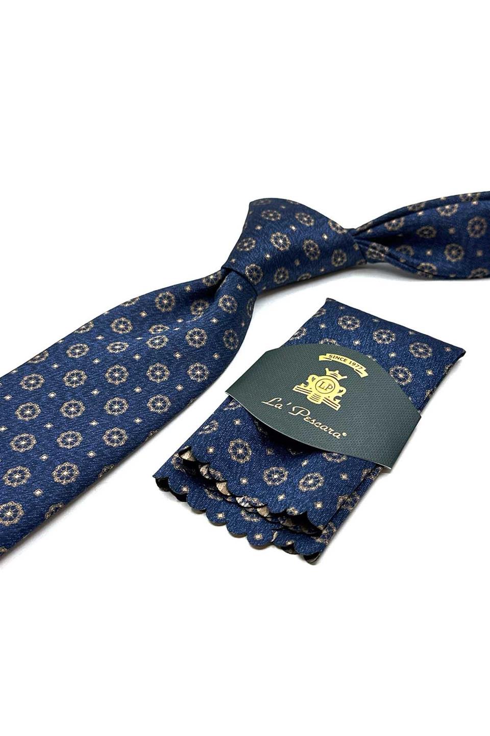 Lacivert - Sarı Motif Desen Mendilli Klasik Kravat KK12905