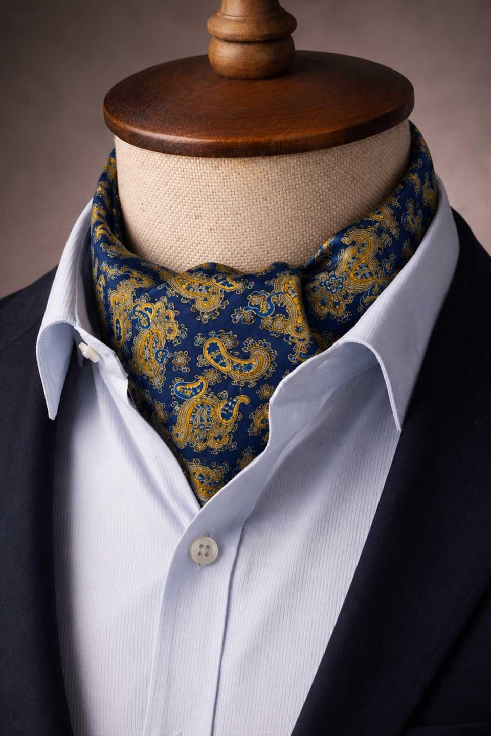 Lacivert Sarı Şal Desen İtalyan İpek Ascot Kravat SAC118