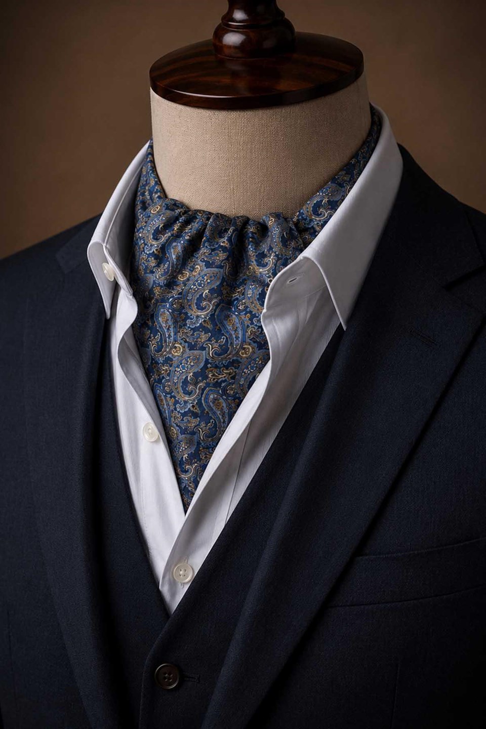 Lacivert Sarı Şal Desen İtalyan İpek Ascot Kravat SAC80