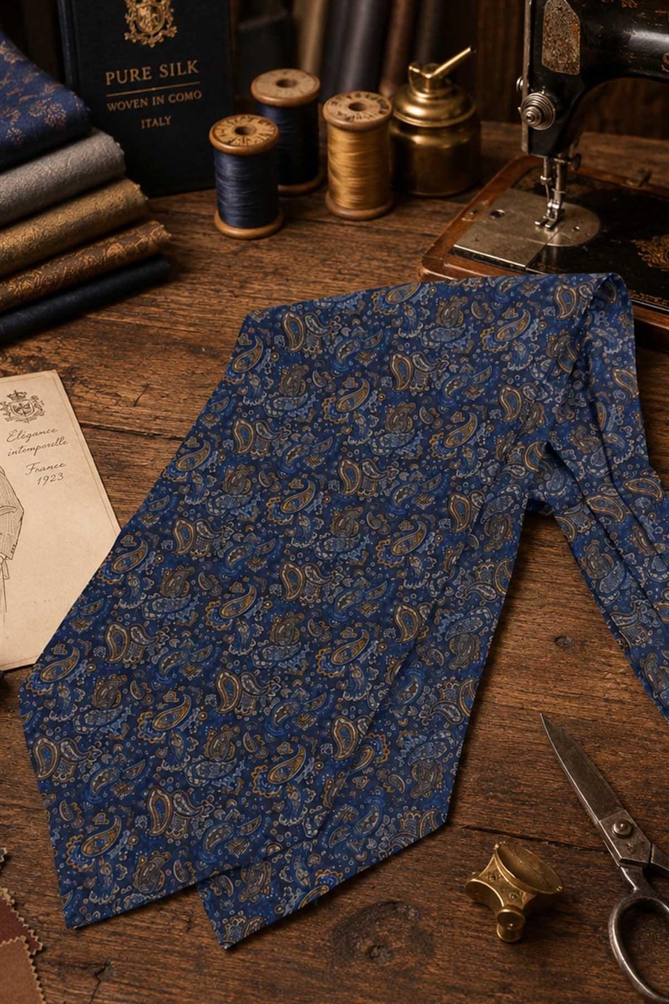 Lacivert Sarı Şal Desen İtalyan İpek Ascot Kravat SAC109