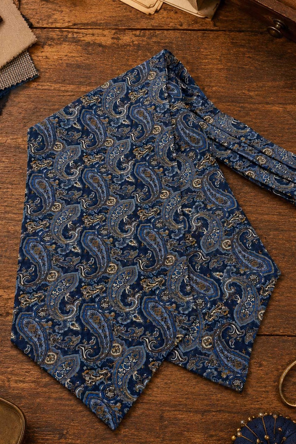 Lacivert Sarı Şal Desen İtalyan İpek Ascot Kravat SAC80