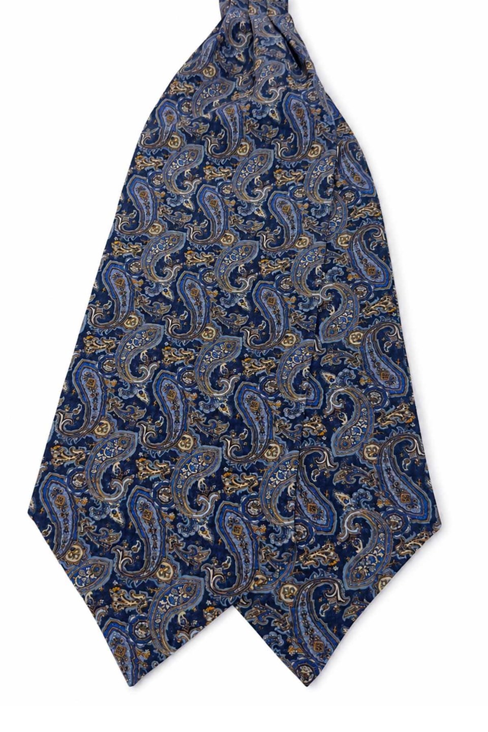 Lacivert Sarı Şal Desen İtalyan İpek Ascot Kravat SAC80