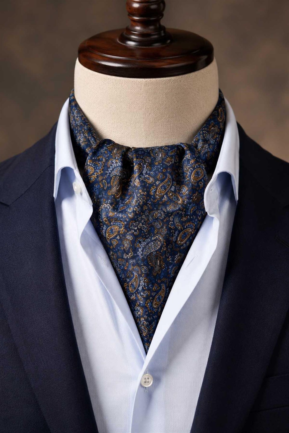 Lacivert Sarı Şal Desen İtalyan İpek Ascot Kravat SAC109
