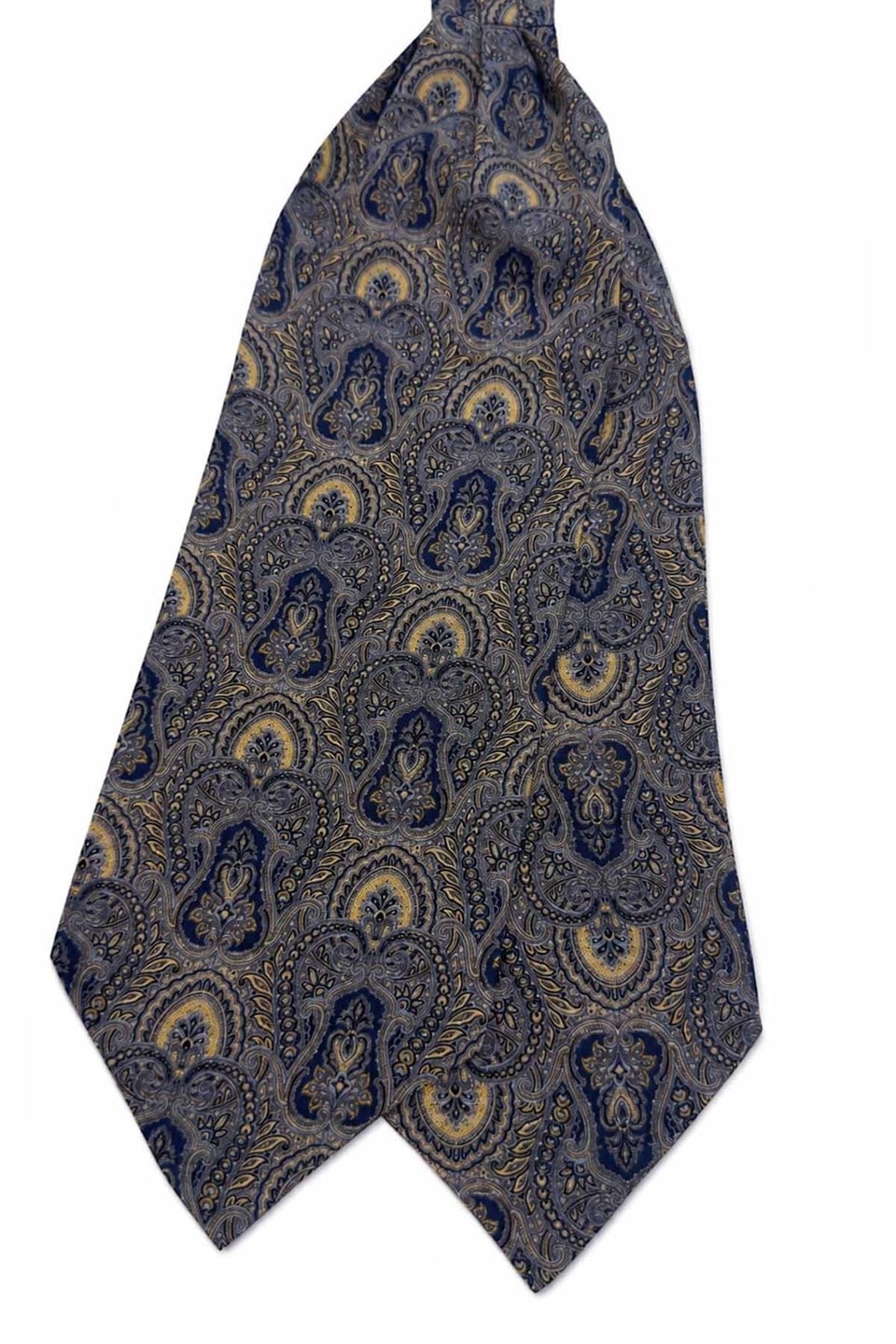 Lacivert Sarı Şal Desen İtalyan İpek Ascot Kravat SAC148
