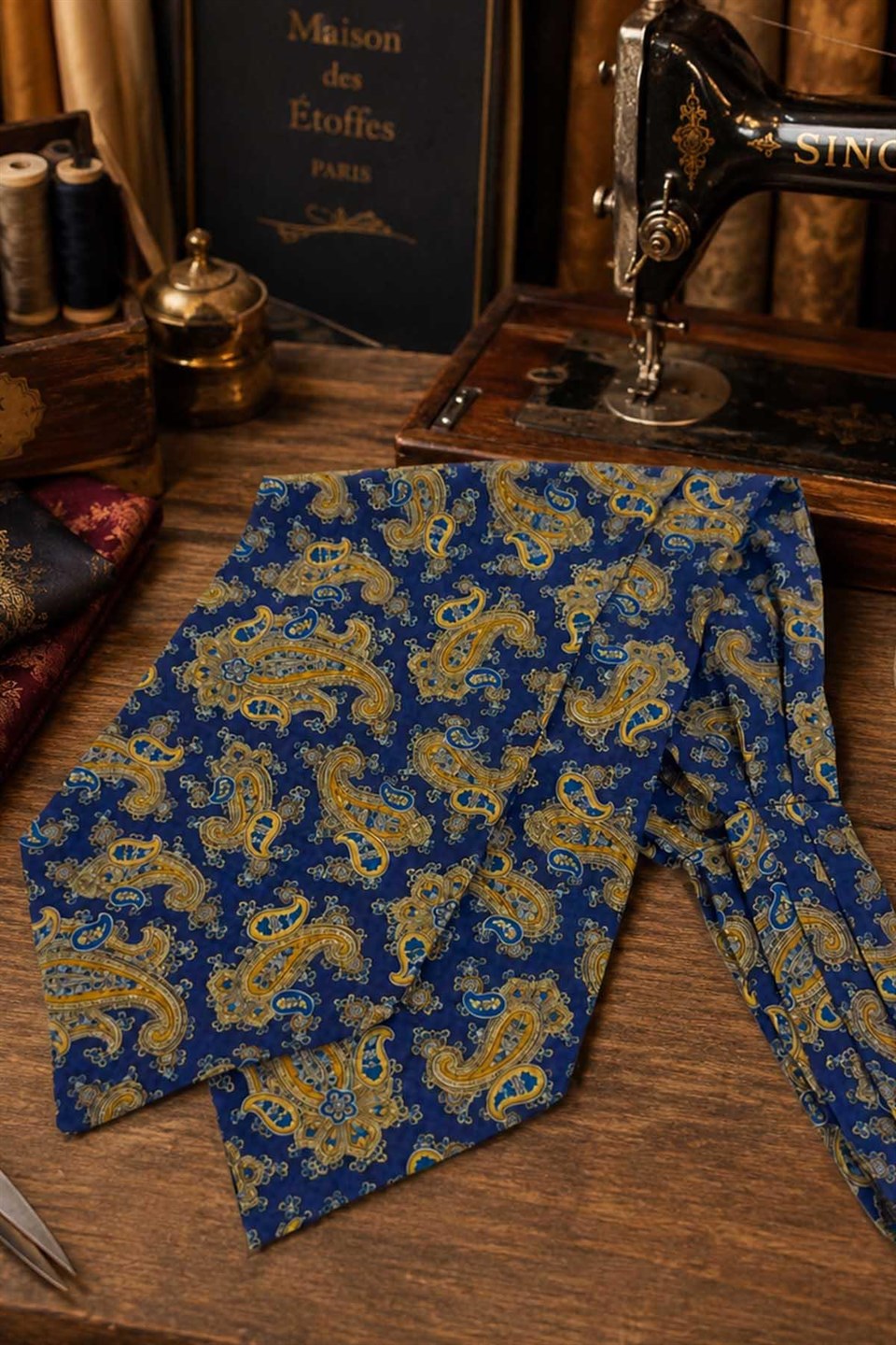 Lacivert Sarı Şal Desen İtalyan İpek Ascot Kravat SAC118