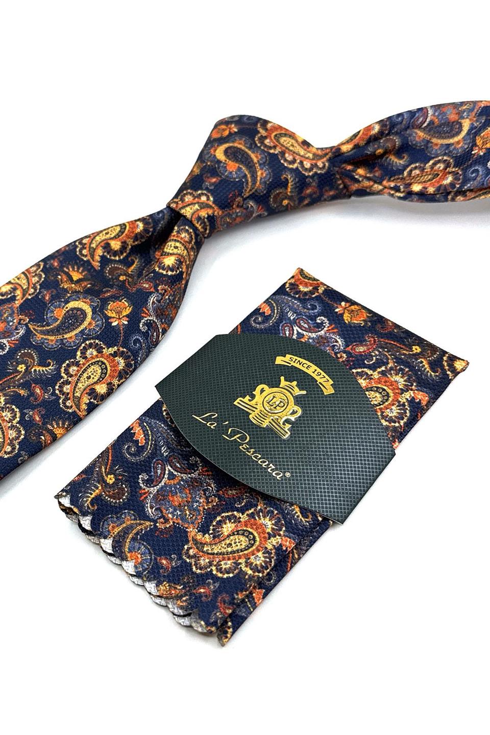 Lacivert - Sarı Şal Desen Mendilli Klasik Kravat KK11933