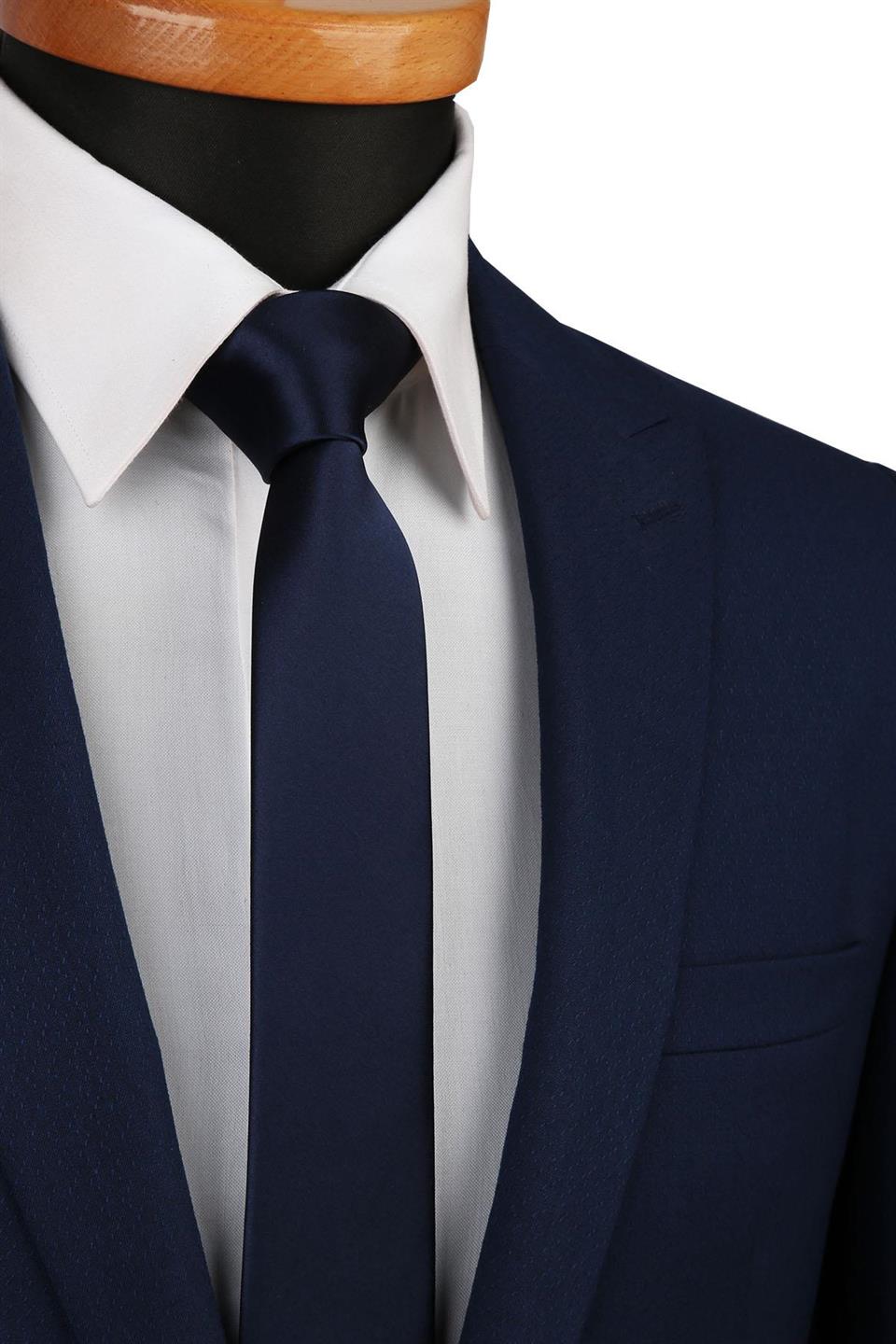 Lacivert Saten Düz Çok İnce Kravat UST13