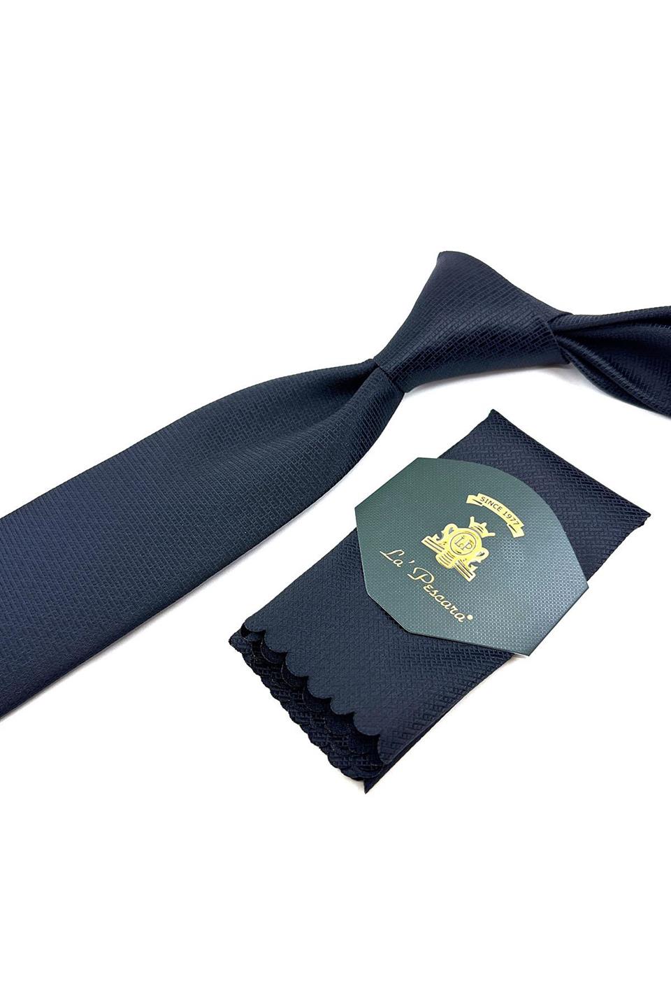 Lacivert - Siyah Kendinden Desen Mendilli Klasik Kravat KK11412