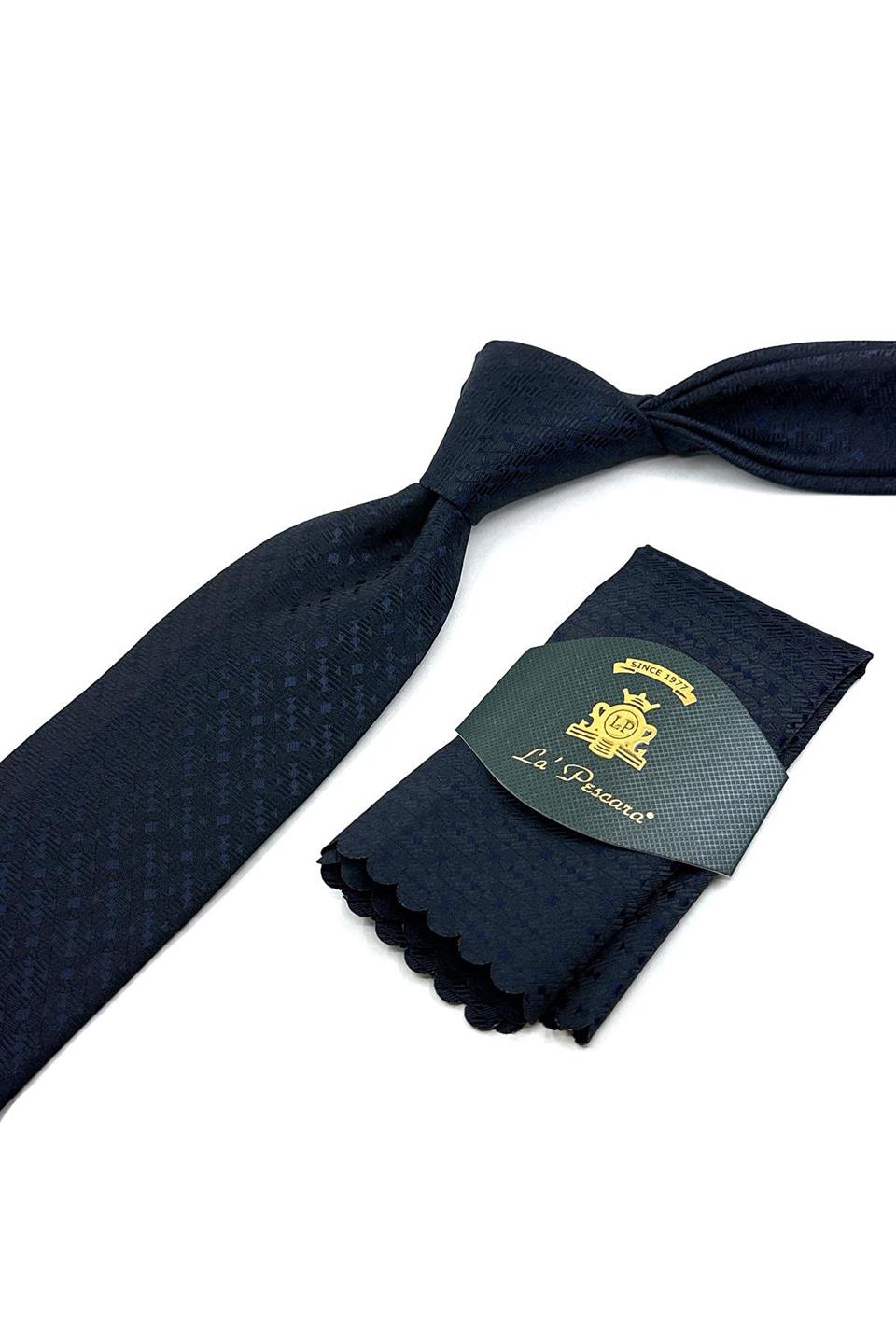 Lacivert - Siyah Motif Desen Mendilli Klasik Kravat KK12015
