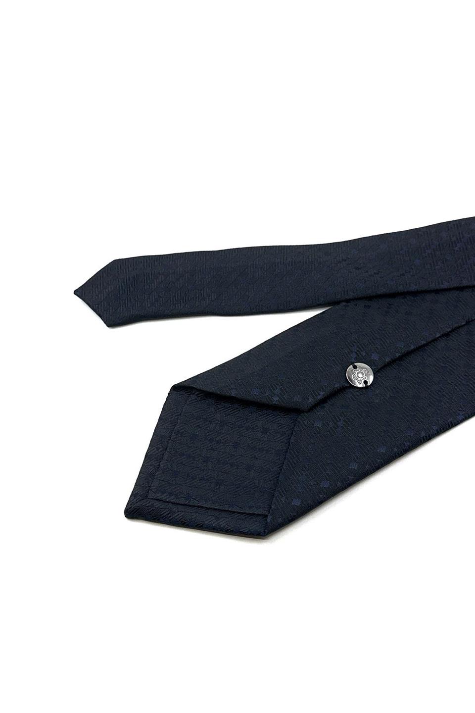 Lacivert - Siyah Motif Desen Mendilli Klasik Kravat KK12015