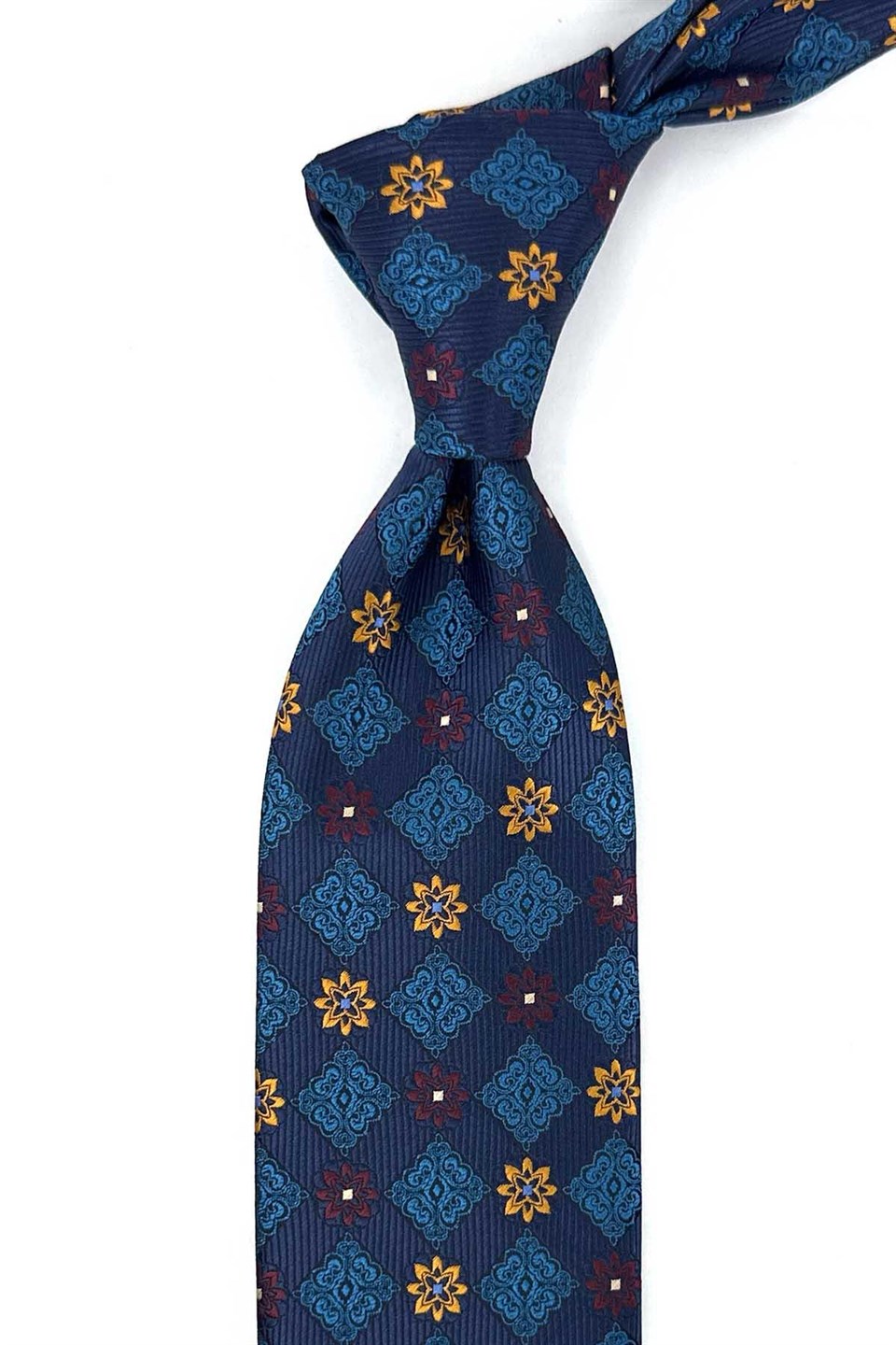 Lacivert Turkuaz Motif Desen Mendilli Klasik Kravat KK13944