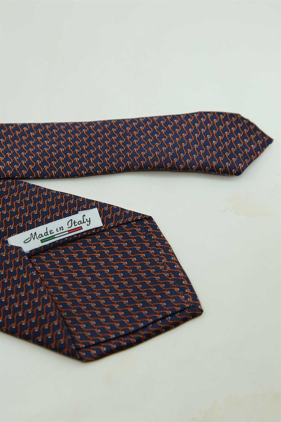 Lacivert Turuncu Motif Desen İtalyan İpek Kravat İK2576