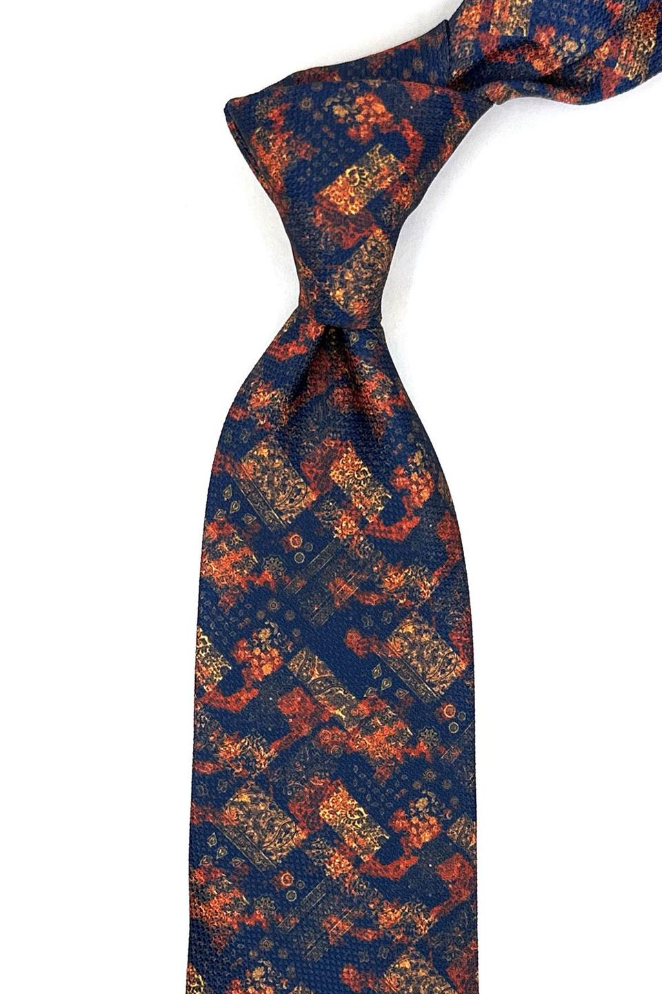 Lacivert - Turuncu Motif Desen Mendilli Klasik Kravat KK11935