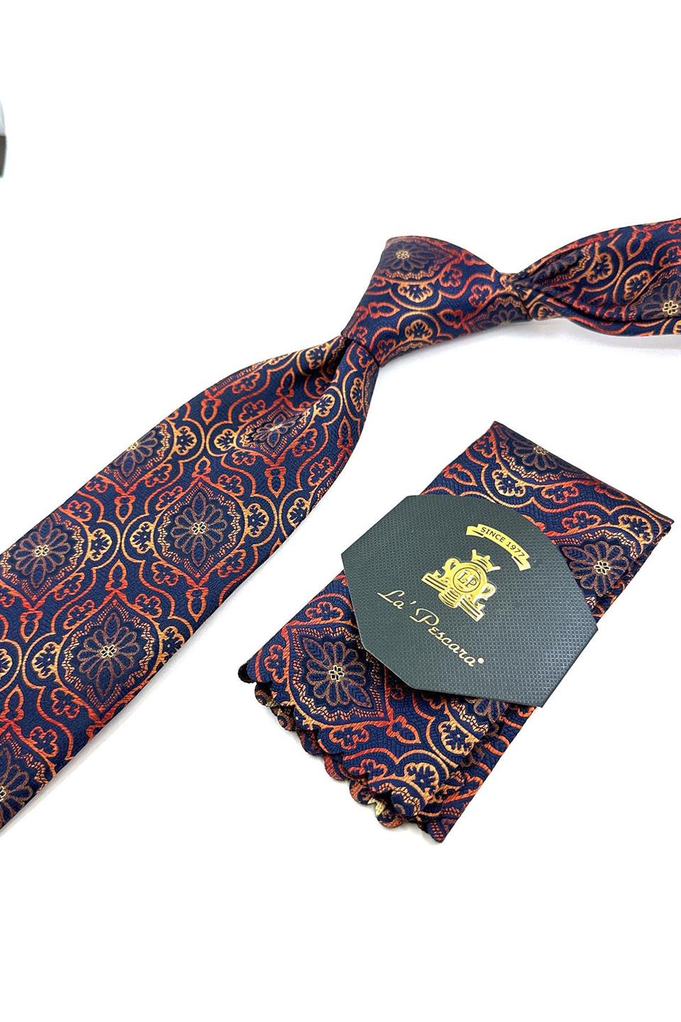 Lacivert - Turuncu Motif Desen Mendilli Klasik Kravat KK11976