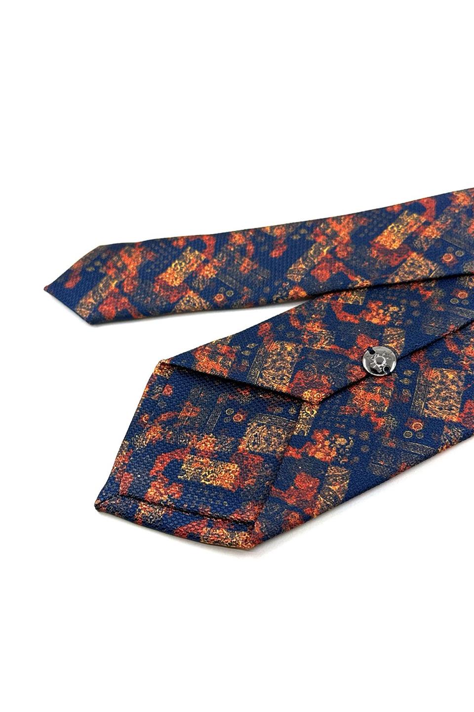 Lacivert - Turuncu Motif Desen Mendilli Klasik Kravat KK11935