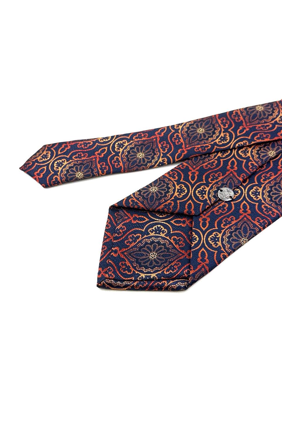 Lacivert - Turuncu Motif Desen Mendilli Klasik Kravat KK11976