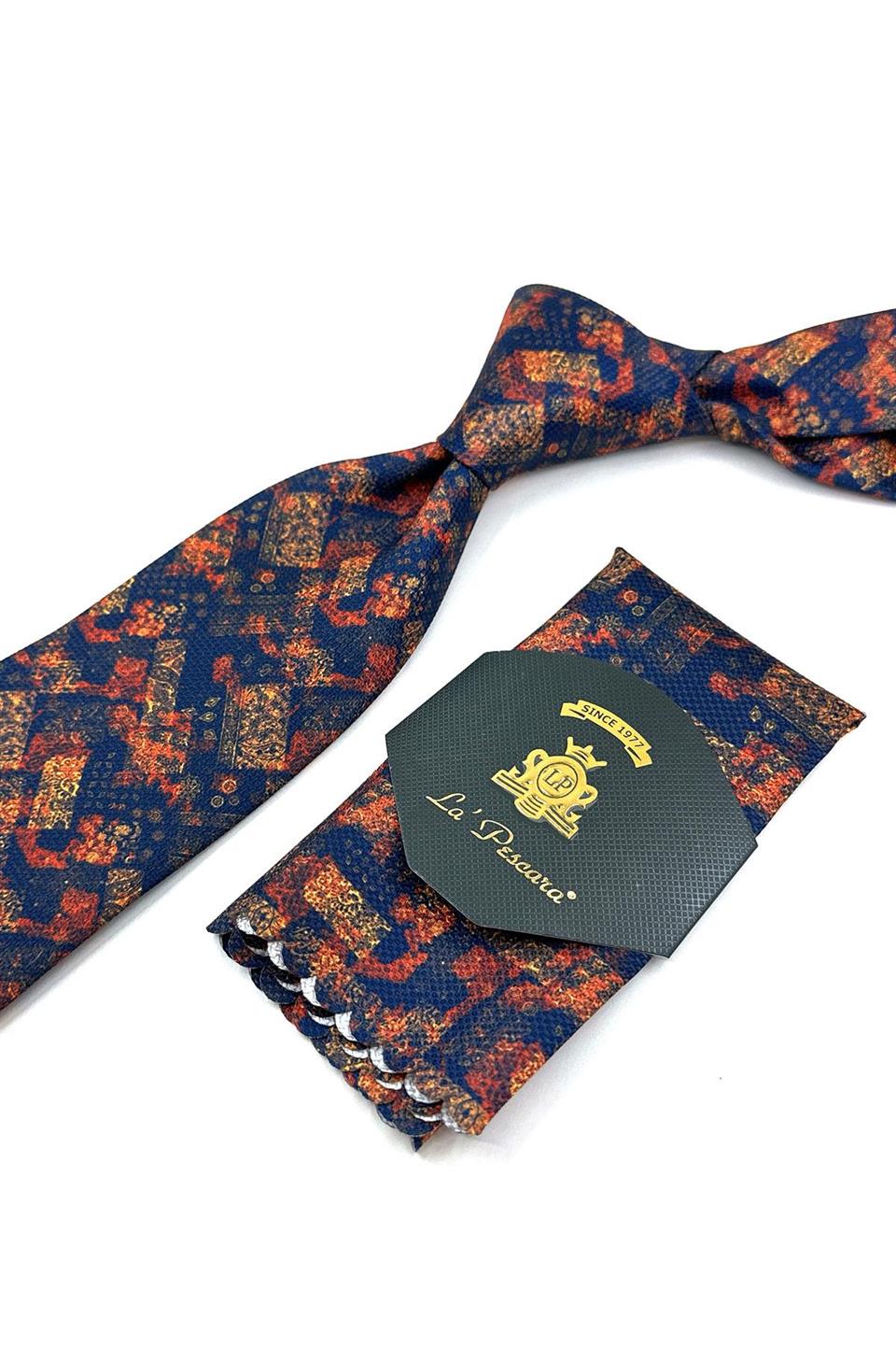Lacivert - Turuncu Motif Desen Mendilli Klasik Kravat KK11935